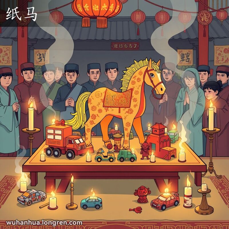 武汉葬礼场景，桌上摆放着纸制的马、车和人等供品，背景有身穿传统丧服的吊唁者