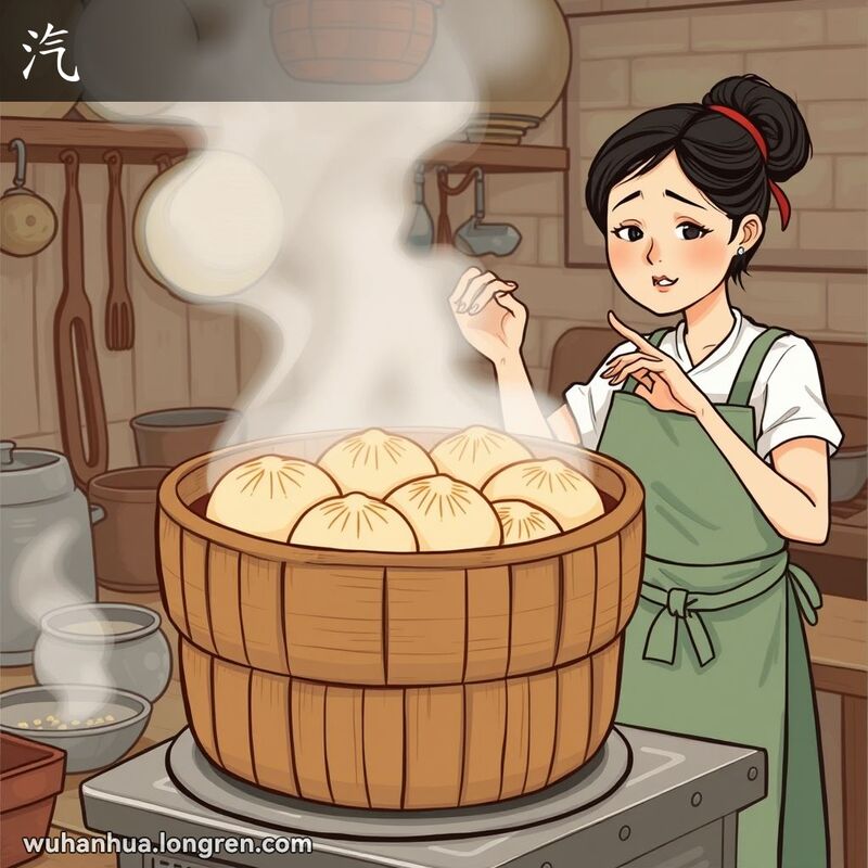 一个传统的武汉厨房场景，一个大竹蒸笼放在炉子上，蒸笼里装满了诱人的包子，蒸汽从蒸笼中冒出，形成一种雾气效果。