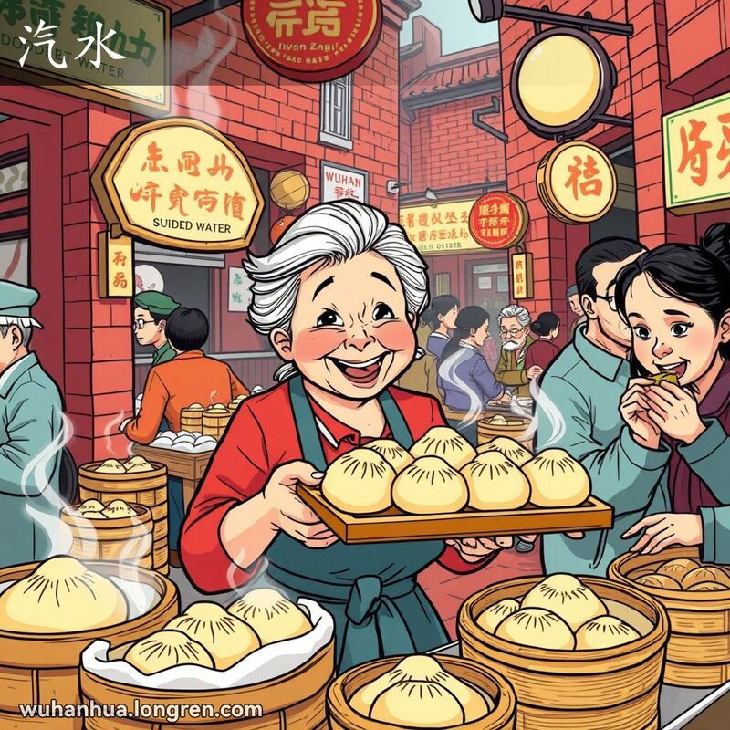 武汉街头市场，一位中年妇女在摊位前卖力吆喝，手中托着一盘刚出笼的包子，腾腾热气表明这些包子是用加水蒸熟的。