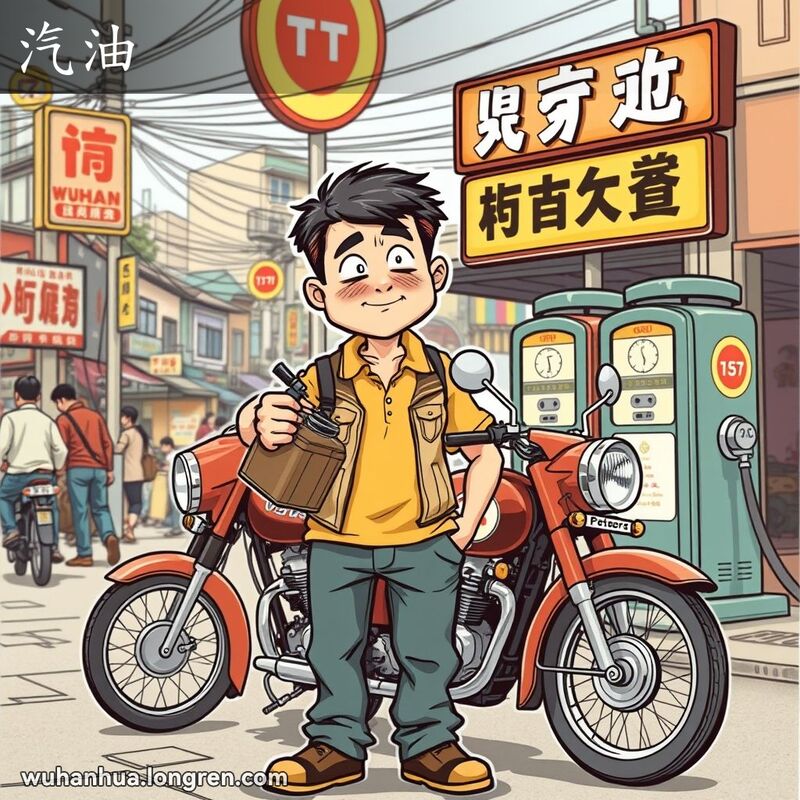 一位武汉男子在老式加油站前为摩托车加油，背景是武汉街景