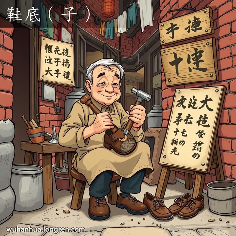 一位武汉街头的修鞋匠正在给鞋子钉新鞋底，背景是老巷子和修鞋工具