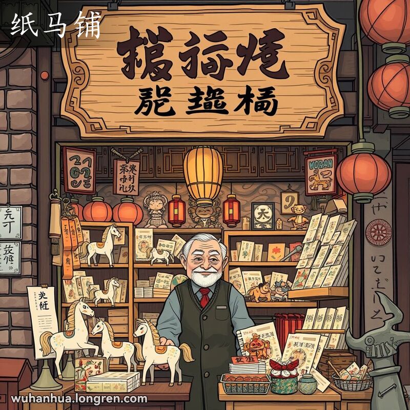 一家传统的武汉纸马铺，店内陈列着各种纸马和祭品，店主正在整理货架。