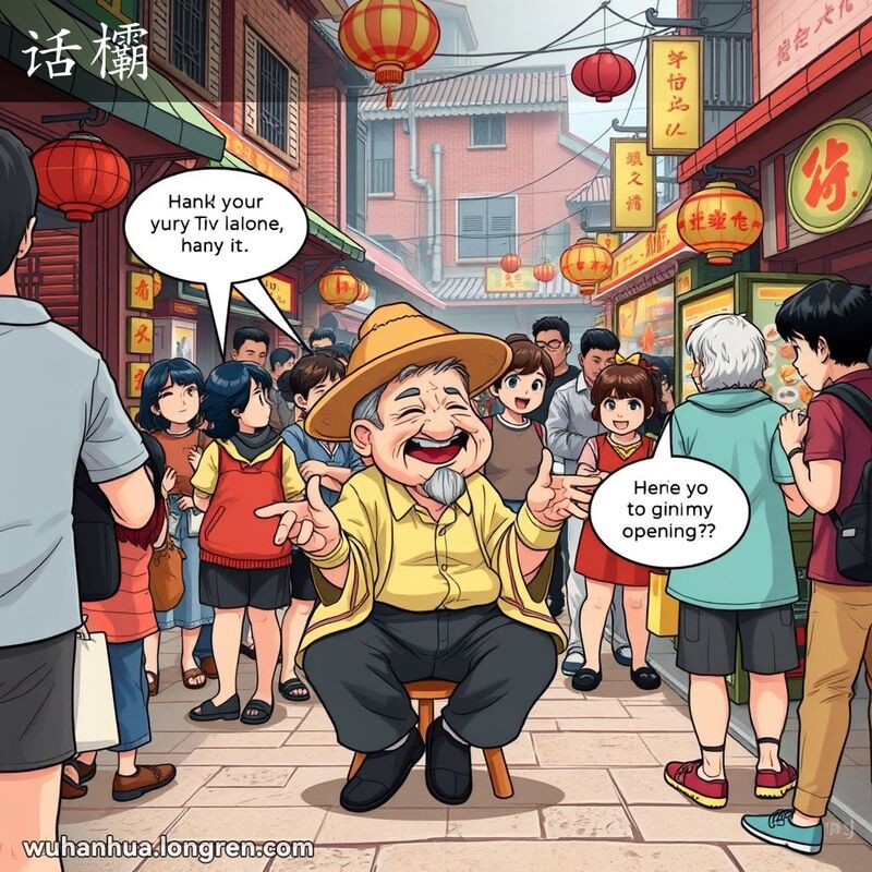 武汉市场中，一位老人与朋友们聊天，年轻人试图插话，背景有红砖墙和小摊贩