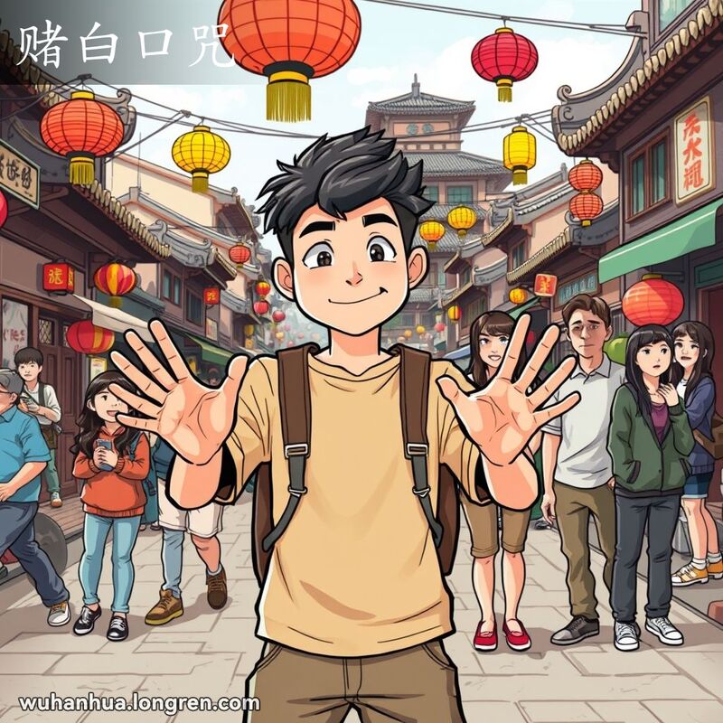 一位年轻人在武汉街头手舞足蹈地发誓，朋友们在一旁观看，背景是传统的武汉街景