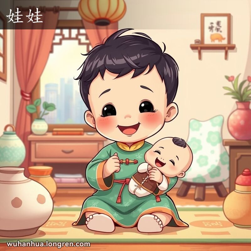 一个可爱的幼儿穿着传统中国服装，手持一个婴儿玩具娃娃，背景是一个温馨的家庭场景