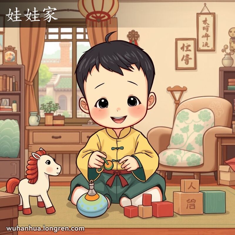 一个穿着传统中国服装的小孩在老式客厅里玩耍，周围有陀螺、小木马和积木，背景是传统中国庭院。
