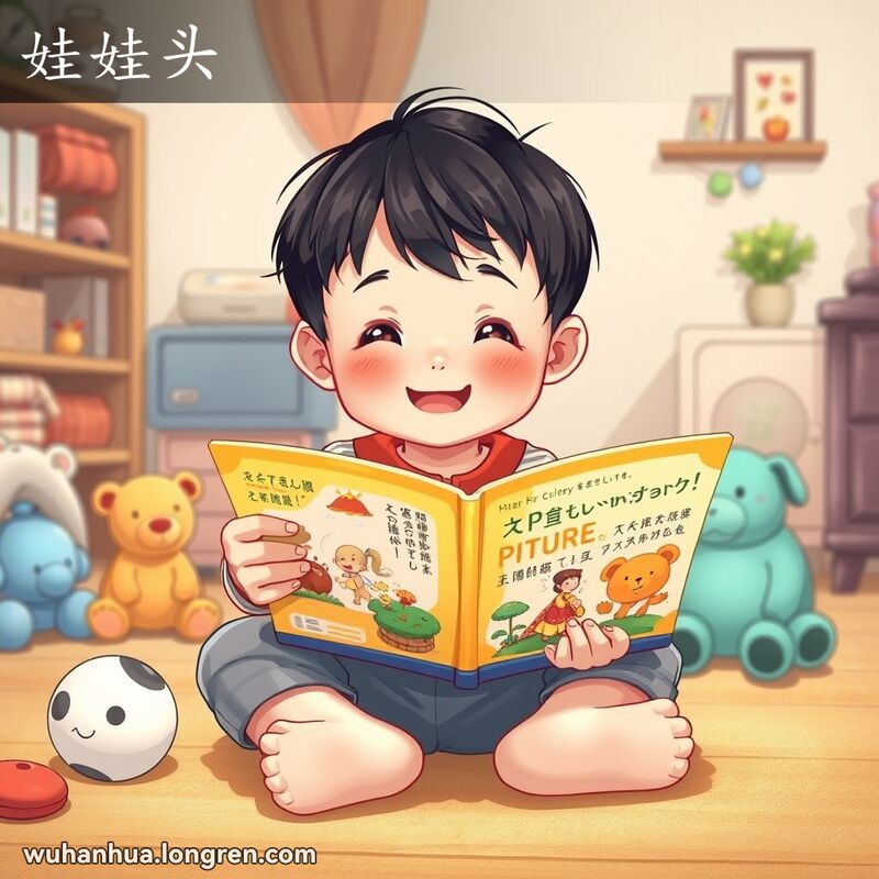 一个小孩坐在地板上，手拿图画故事书，脸上带着好奇的表情，周围有玩具和温馨的房间。