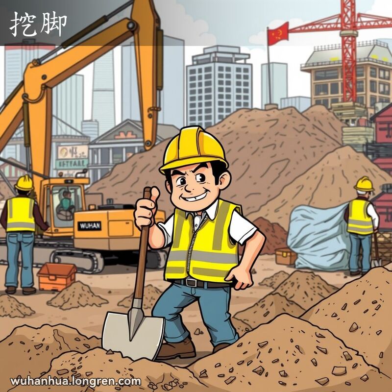 武汉建筑工地上，工人手持铁锹挖地，背景有挖掘机和土堆，象征建筑项目的开始和坚持到底的精神。