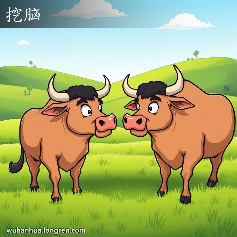 两头牛在田野上对峙，牛角相互顶撞，眼睛瞪大，鼻孔张开，背景是田园风光