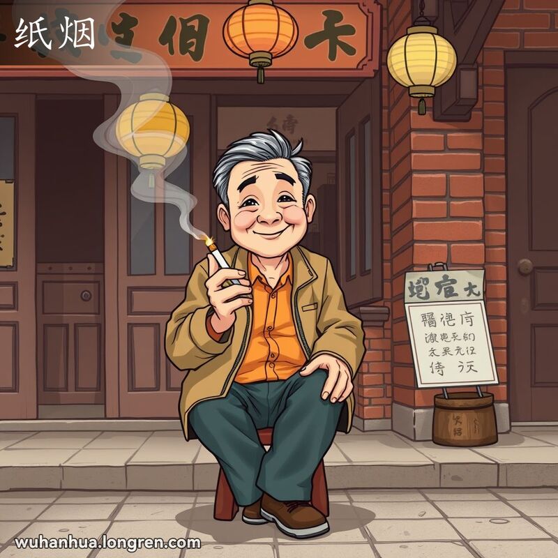 一位中年武汉市民坐在茶馆外，手持点燃的香烟，背景是武汉老街的传统建筑