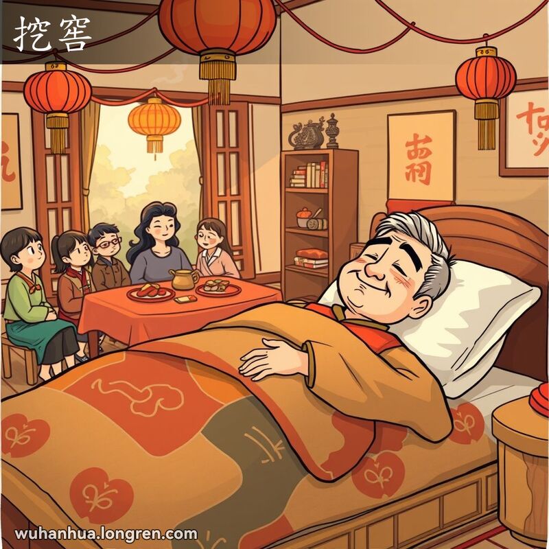 一位中年男子在春节期间躺在传统木床上安眠，背景有红灯笼和节日装饰，桌上摆放着年货小吃，香案上香火袅袅。