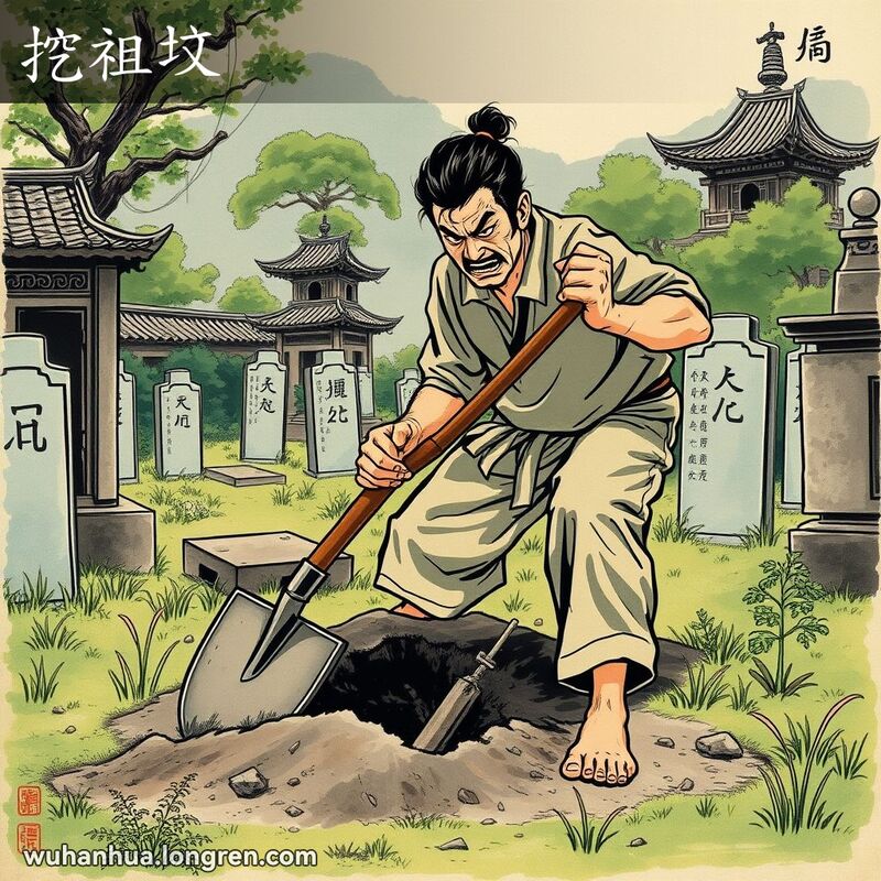 一个男子在墓地中挖掘祖坟，表情恶毒，背景宁静，画面风格结合传统与现代。