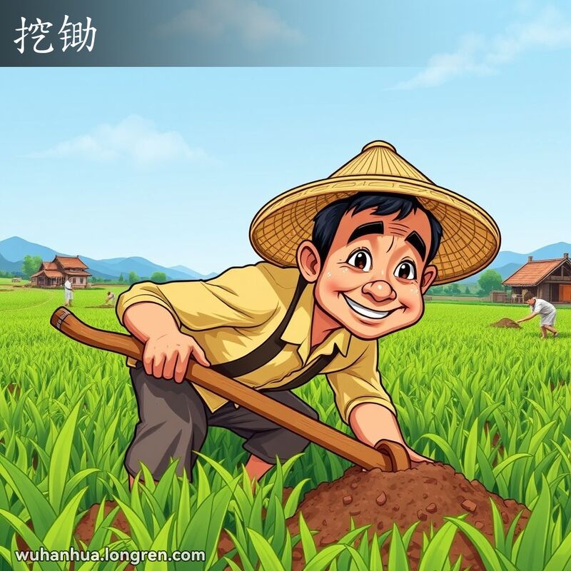 一位武汉农民在田间用锄头挖土，背景是绿油油的田野和晴朗的蓝天，农民表情专注。
