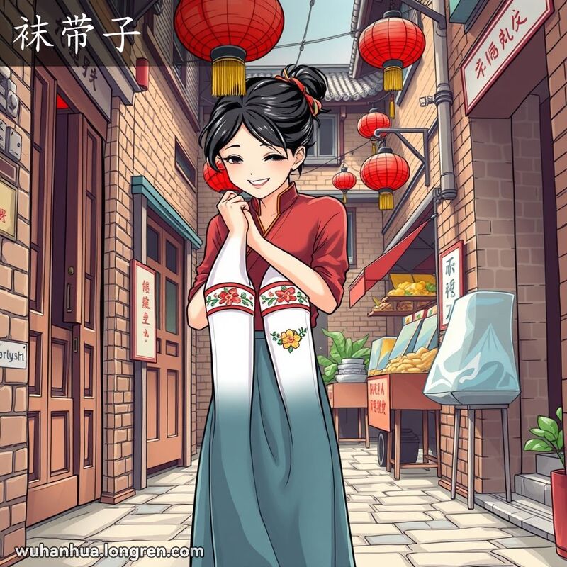 一位穿传统服装的年轻女子站在武汉小巷中，袜子被袜带子固定，背景有木门和红灯笼