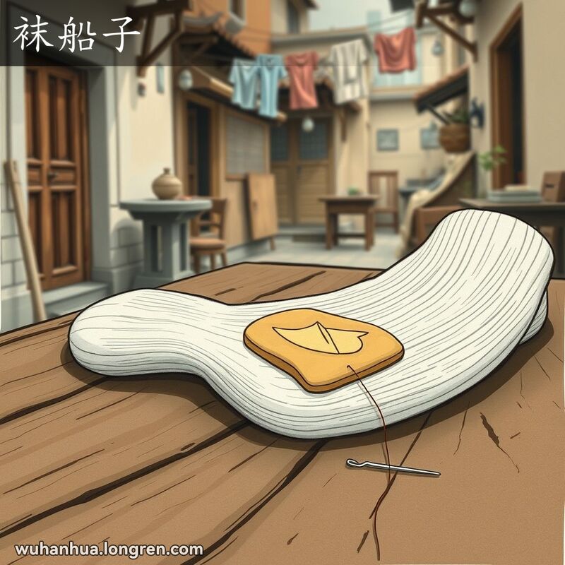 一只传统中国棉袜，袜底缝有船形布补丁，放在木桌上，背景是武汉老巷子