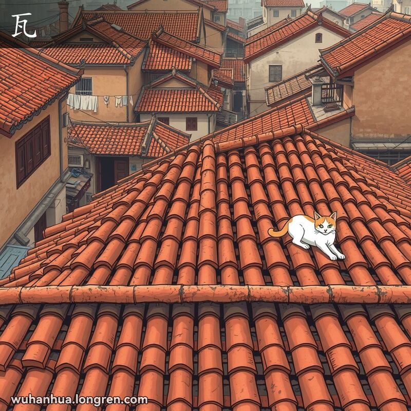 武汉传统街区屋顶铺满泥土烧制的瓦片，背景有其他屋顶和晾晒的衣物，画面暖色调，风格结合漫画和传统中国元素，一只猫躺在瓦片上晒太阳。