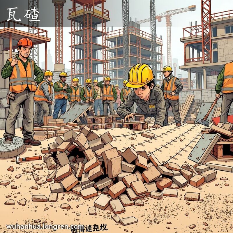 建筑工地上，工人检查地上的碎砖瓦，背景有脚手架和建筑设备。