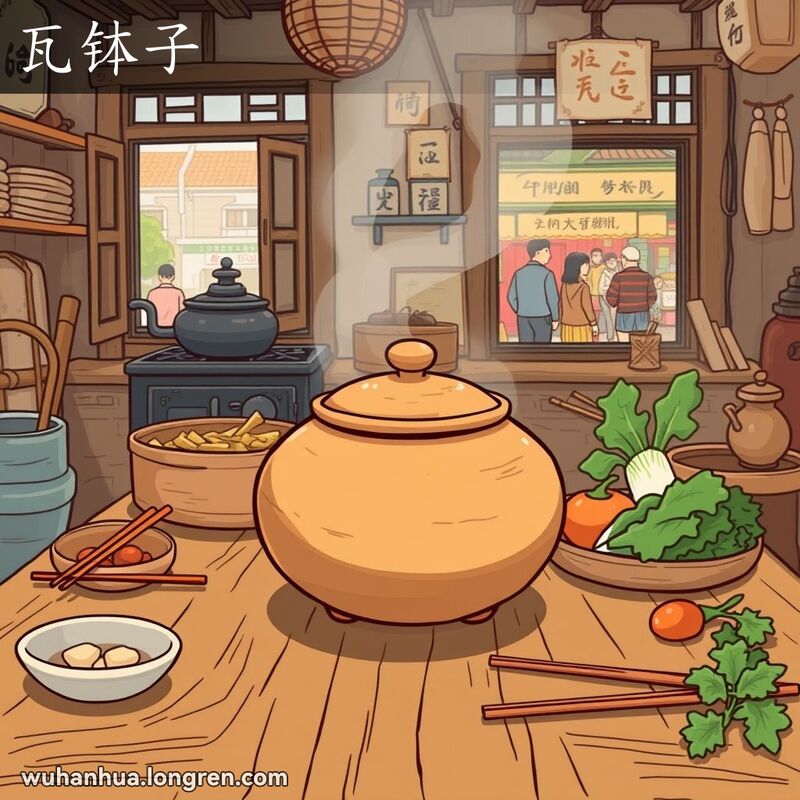 传统武汉厨房中，手工制作的瓦钵子放置在木桌上，周围是各种烹饪用具和食材，背景是老式炉灶和繁忙的街市。