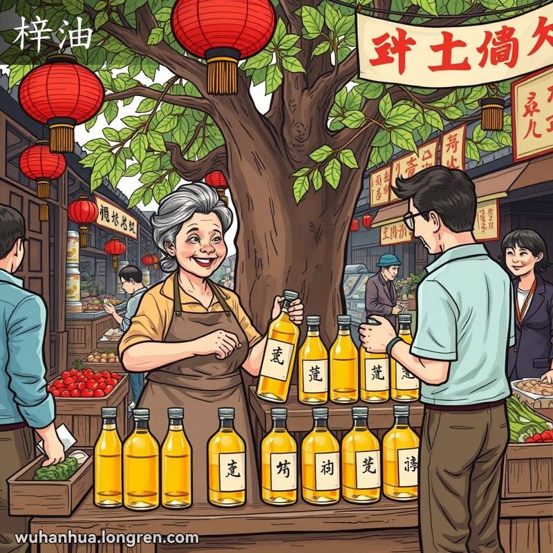 武汉街头市场，摊主展示瓶装梓油，背景有乌桕树和其他摊位