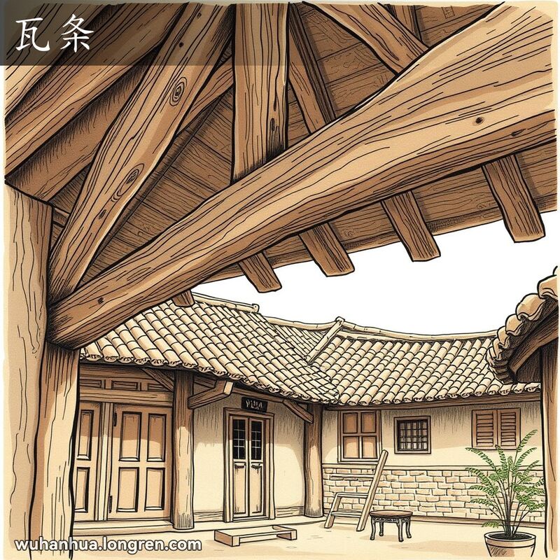 传统武汉院落中的木椽，背景是老式房屋和瓦片屋顶