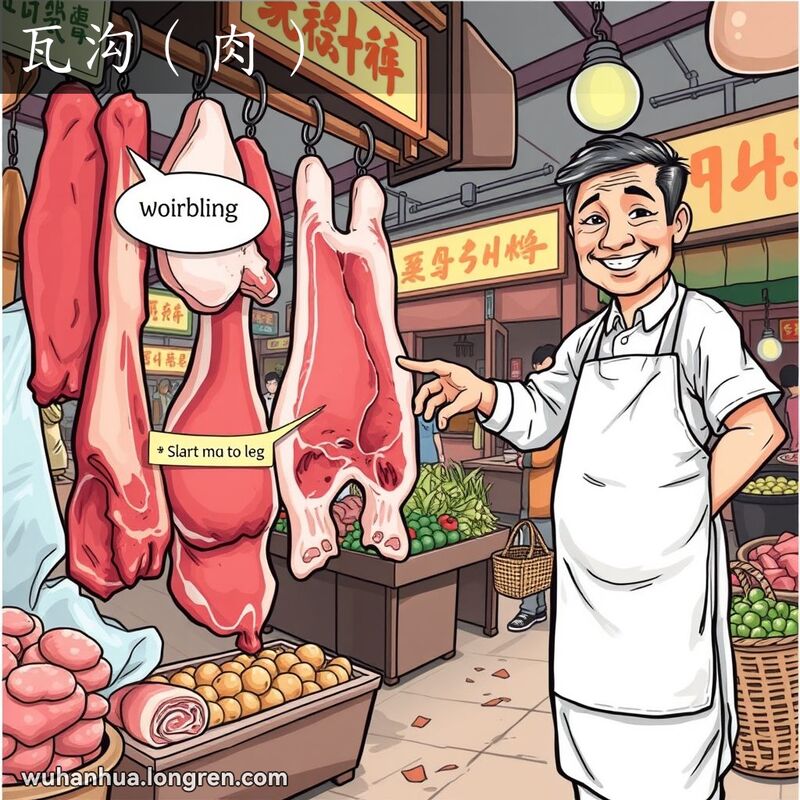 武汉市场中，屠夫指着牛的前腿和腹部之间的肉，背景有其他摊位和购物者