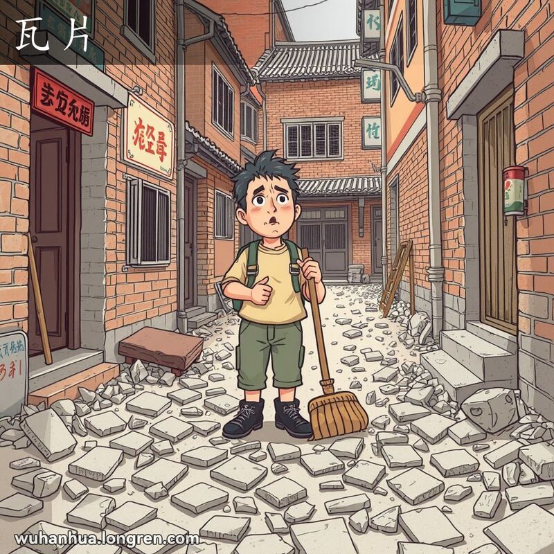 一条武汉老街，地面上散落着碎瓦片和石头，一位居民手持扫帚试图清理，背景是红砖墙和旧式招牌