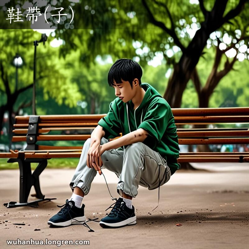 一位年轻的武汉市民坐在公园长椅上系鞋带，背景是绿树成荫的公园和晴朗的蓝天。