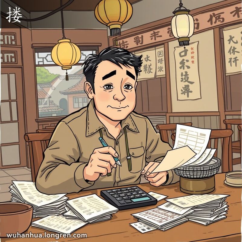 一位中年男子在武汉茶馆中专注地计算账单总额，背景是传统茶馆景象