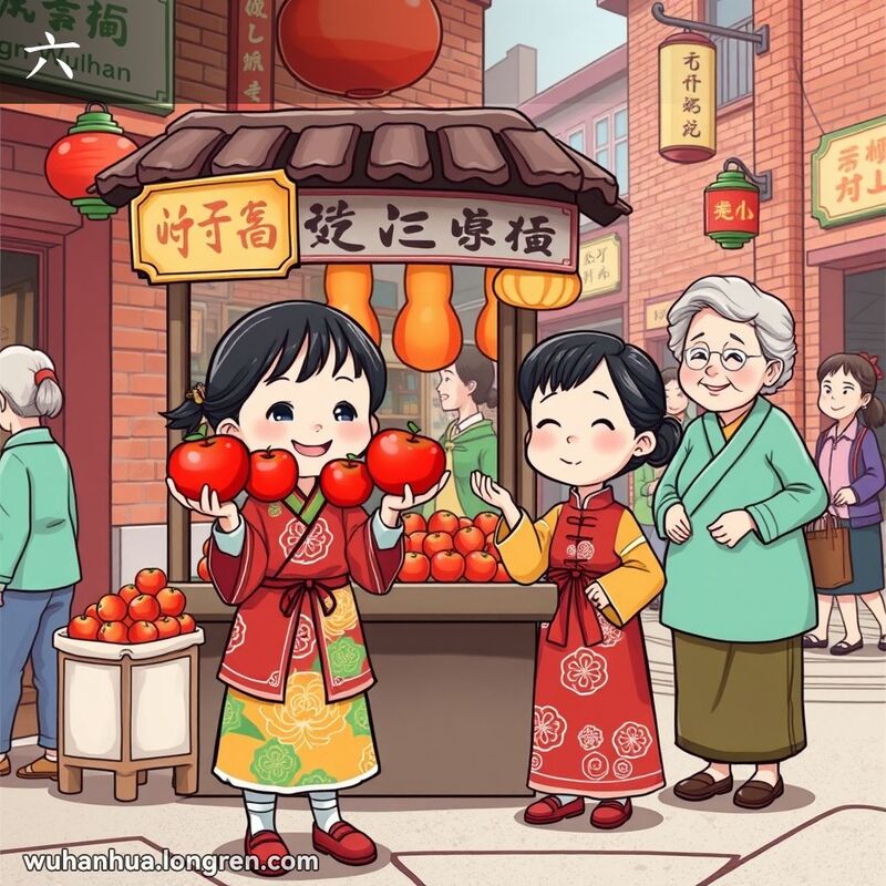 一个小女孩在武汉街头市场举着六个苹果，背景是热闹的市场和传统的红砖墙