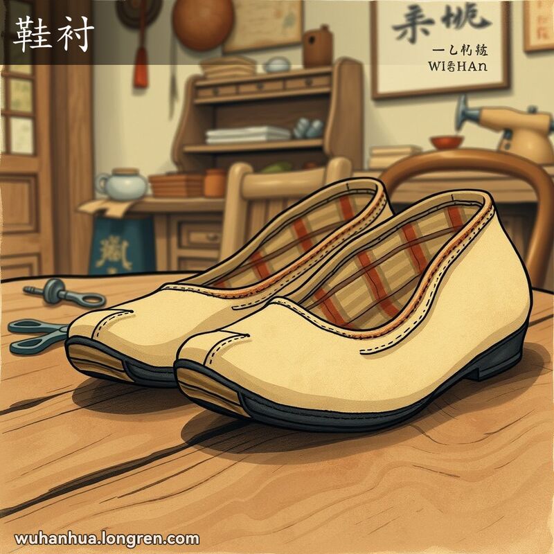一双传统中式布鞋，展示鞋内衬的复杂层次和细致缝线，背景是温馨的老式武汉家庭