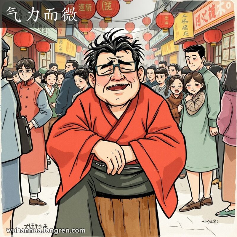 一位穿着传统中国服饰的男子在市场争吵后筋疲力尽，坐在木凳上，脸色涨红，满头大汗，嘴巴微张，表情疲惫不堪。