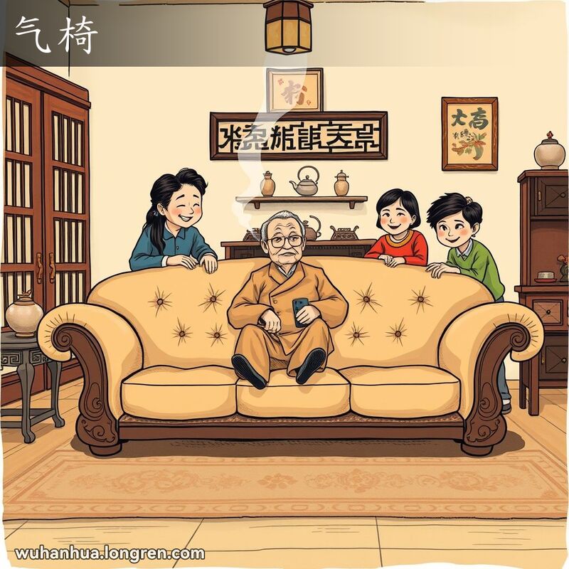 一个传统武汉客厅，一位老爷爷坐在柔软的旧沙发上，背景有中国传统装饰。