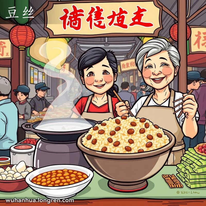 武汉街头市场摊位上，摊主微笑着准备为顾客服务刚做好的豆丝，背景是热闹的市场和其他摊位