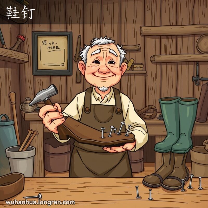 一位老武汉鞋匠在工作坊里修鞋，手持小锤子和钉有鞋钉的鞋子，背景有修鞋工具和雨鞋。
