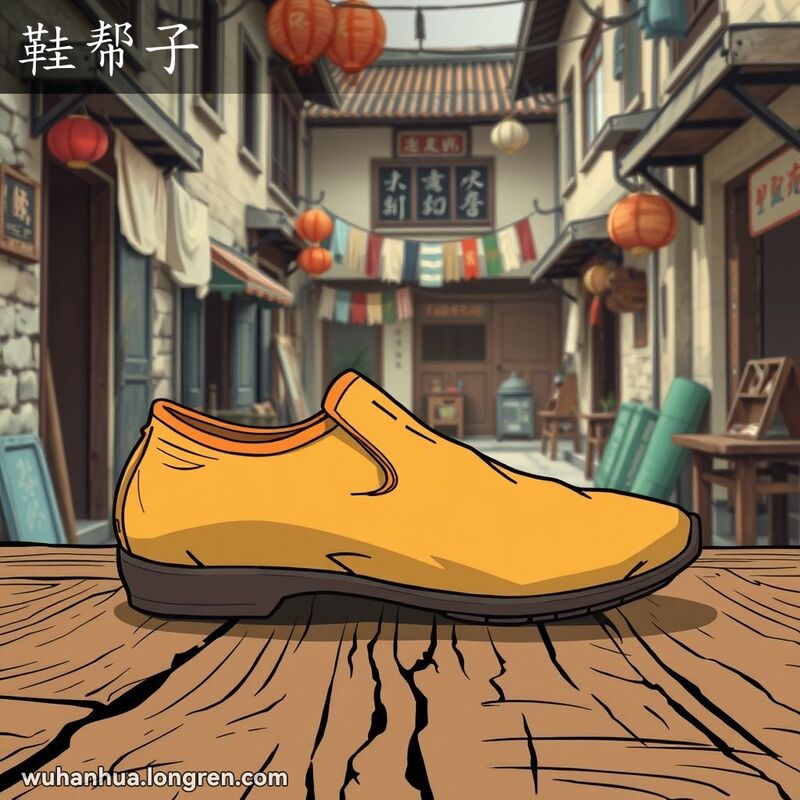 一只传统中式布鞋的上部，放置在木桌上，背景是武汉老巷子，突出鞋帮子的部分。