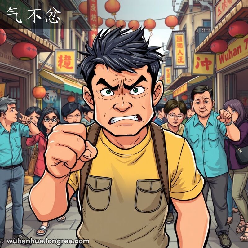 一位武汉男子在市场中紧握拳头，表情愤怒和不服，背景有人指指点点，增加了他的挫败感，画面是武汉老街景。