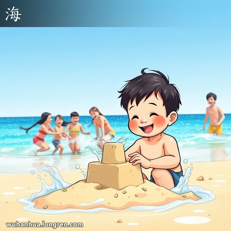 一个孩子在海滩上嬉戏，背景是一群朋友在水中嬉闹的场景，体现了武汉方言“海”的多重含义。