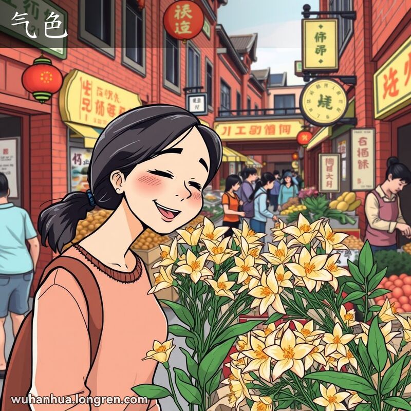 一位女士在武汉街边市场闻桂花，脸上露出愉悦的表情，背景是热闹的市场。