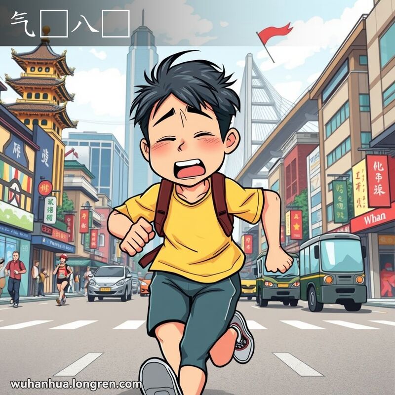 一位武汉市民在城市街道上奔跑，气喘吁吁，背景是黄鹤楼和长江大桥