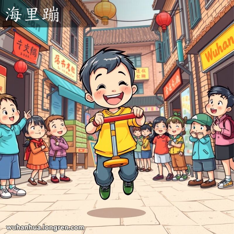 一个孩子在武汉老街上玩弹簧棒，其他孩子惊讶地观看，表现“海里蹦”的新奇和少见。