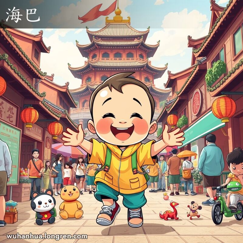 一位活泼可爱的武汉孩子在街头嬉戏，背景是武汉的标志性建筑如黄鹤楼和长江大桥，画面充满欢乐和活力。