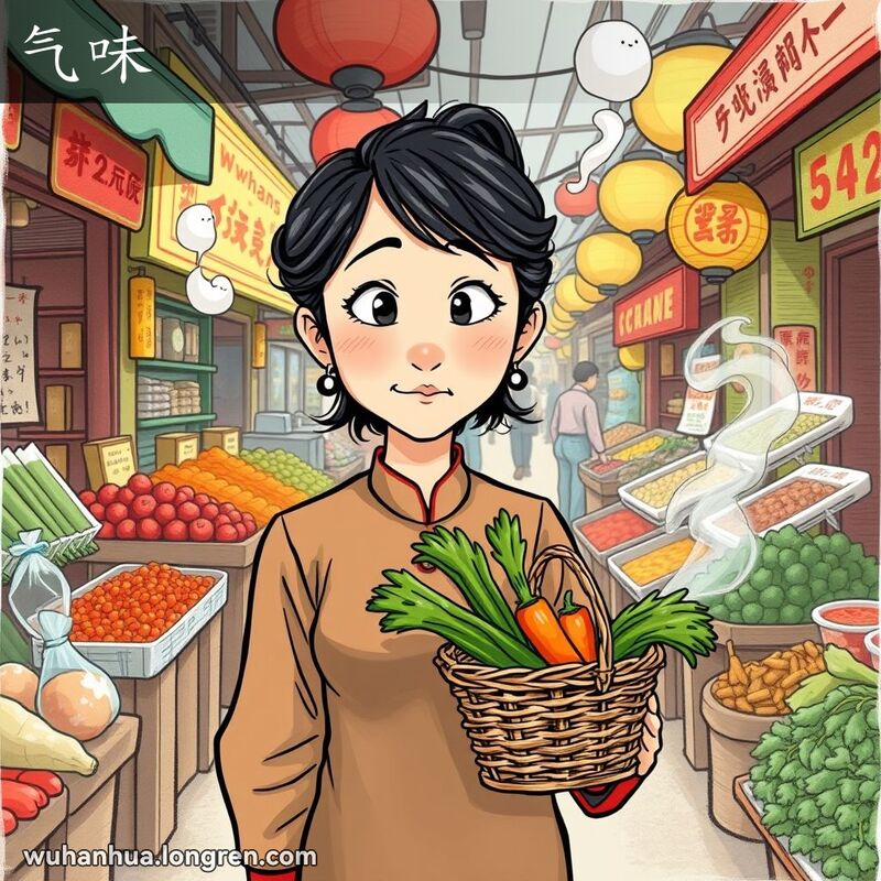 一位武汉妇女在市场中皱鼻子闻气味，背景是热闹的市场摊位