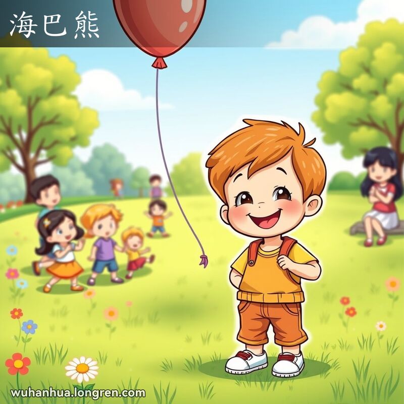 一个天真活泼的小孩在公园里玩耍，手持气球，背景有其他孩子和大人，画面充满欢乐和童趣。