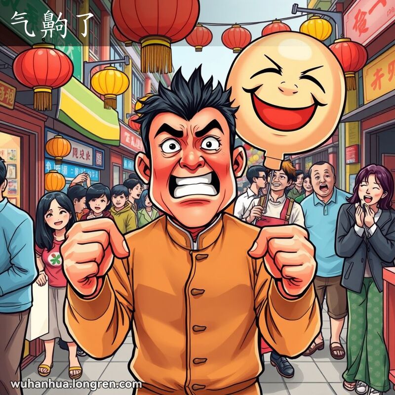 一位男子在武汉市场中气得满脸通红，背景中有摊贩手持愤怒表情气球，象征“气齁了”。