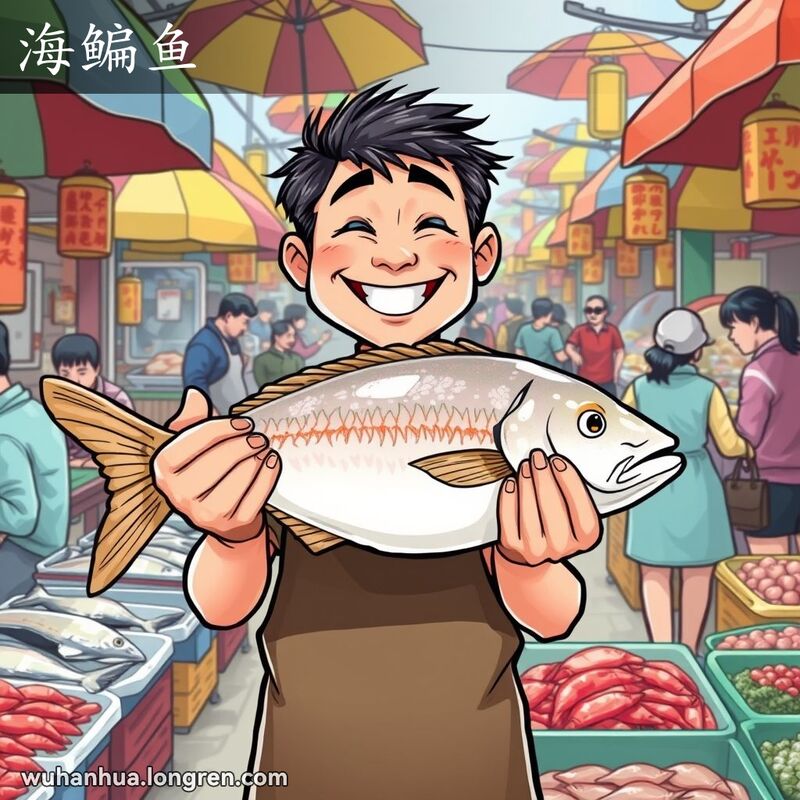 武汉海鲜市场中，鱼贩子高兴地展示一条银光闪闪的鲳鱼（海鳊鱼），背景是热闹的市场场景。