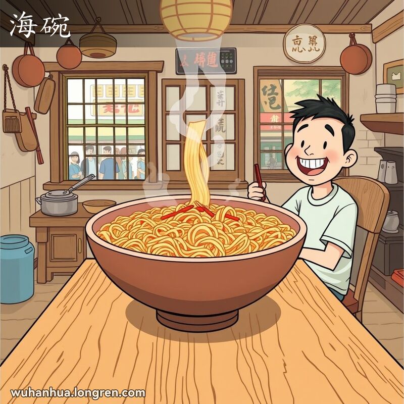 一位武汉本地人坐在桌旁，面前摆着一个超大的“海碗”，碗里装满了热气腾腾的面条，背景是传统的武汉厨房。