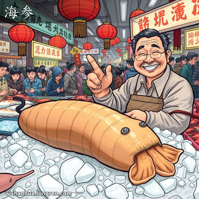 武汉海鲜市场，摊贩展示海参，背景有鱼、虾、蟹和红灯笼