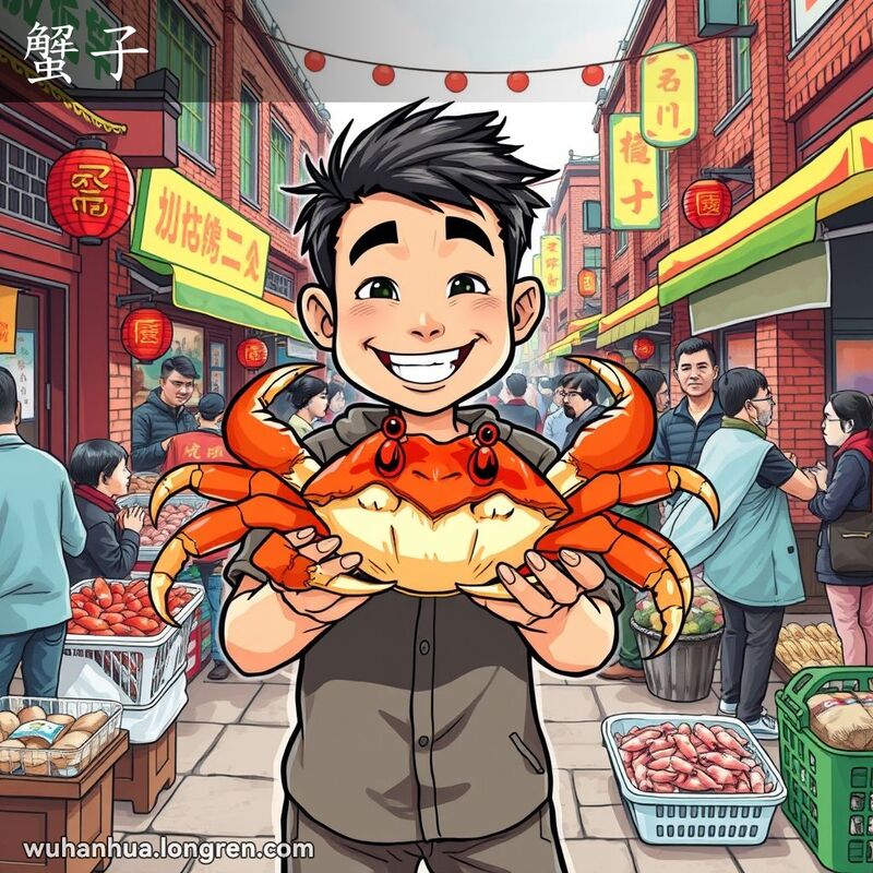 武汉街头市场，小贩手持新鲜螃蟹，背景有其他海鲜摊位和忙碌的人群