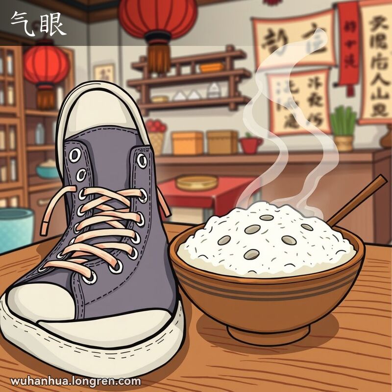 一双系着鞋带的运动鞋和一碗用筷子捅了几个小孔的蒸米饭，背景是温馨的厨房。
