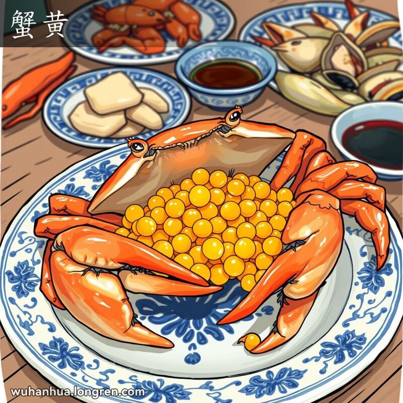 一只螃蟹，蟹壳打开，露出鲜艳的橘黄色蟹黄，背景是传统的蓝白瓷盘和古朴的木桌，桌上有其他海鲜和酱油。
